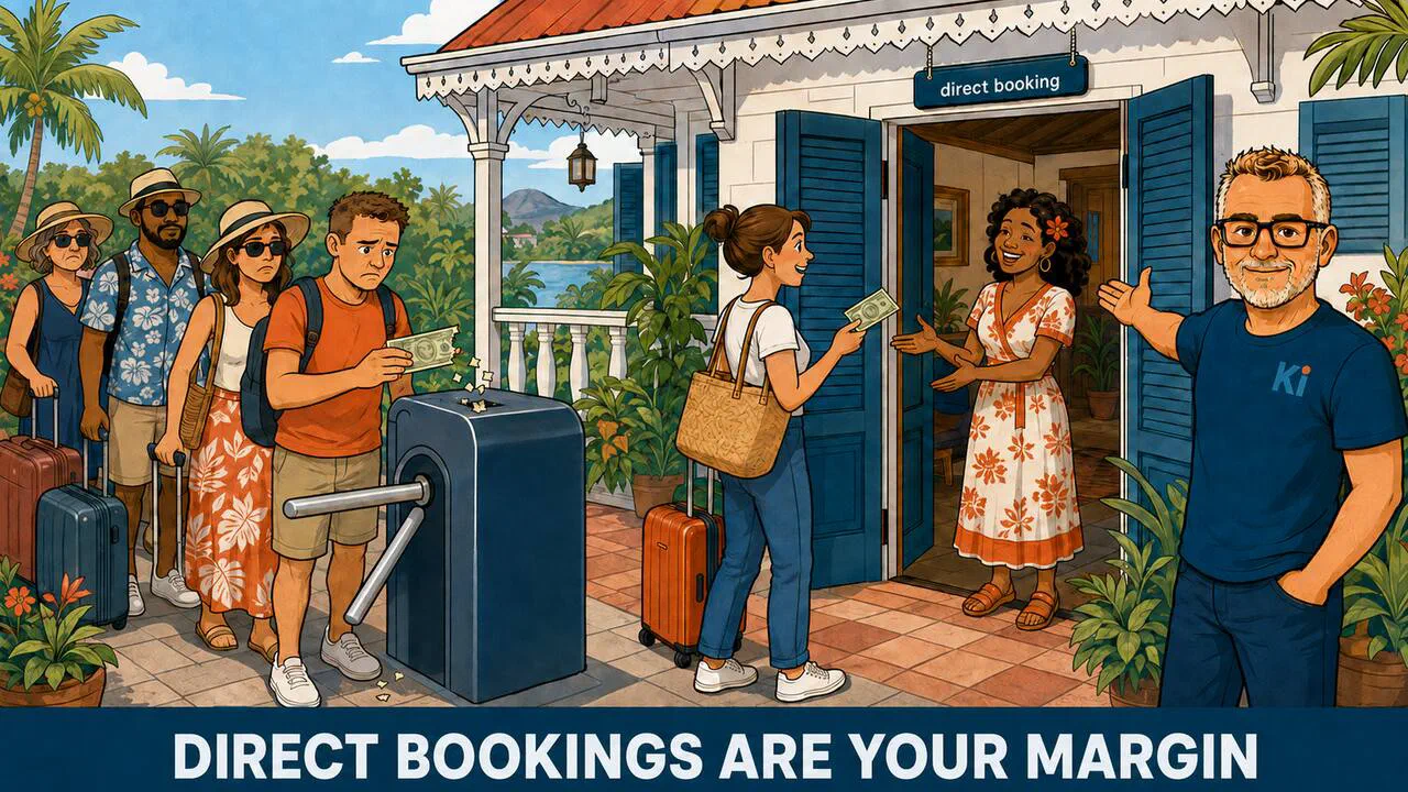 Cartoon illustration: outside a Guadeloupean guesthouse, two lines of travellers — direct bookings on one side, a platform taking its commission on the other