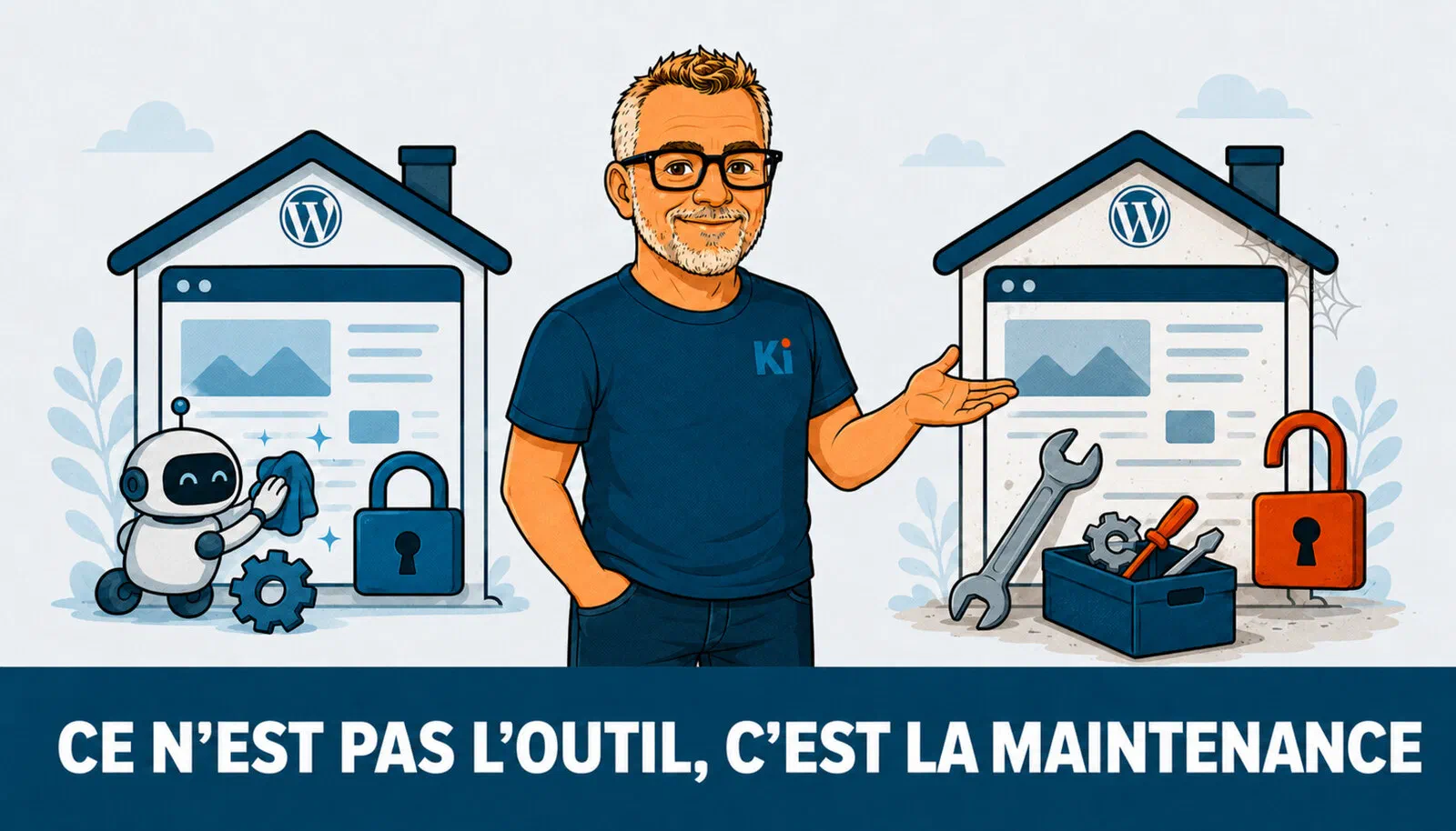 Two WordPress sites compared: on the left a site maintained automatically, clean and locked; on the right a site left without maintenance, dusty and unlocked — it's not the tool, it's the maintenance.