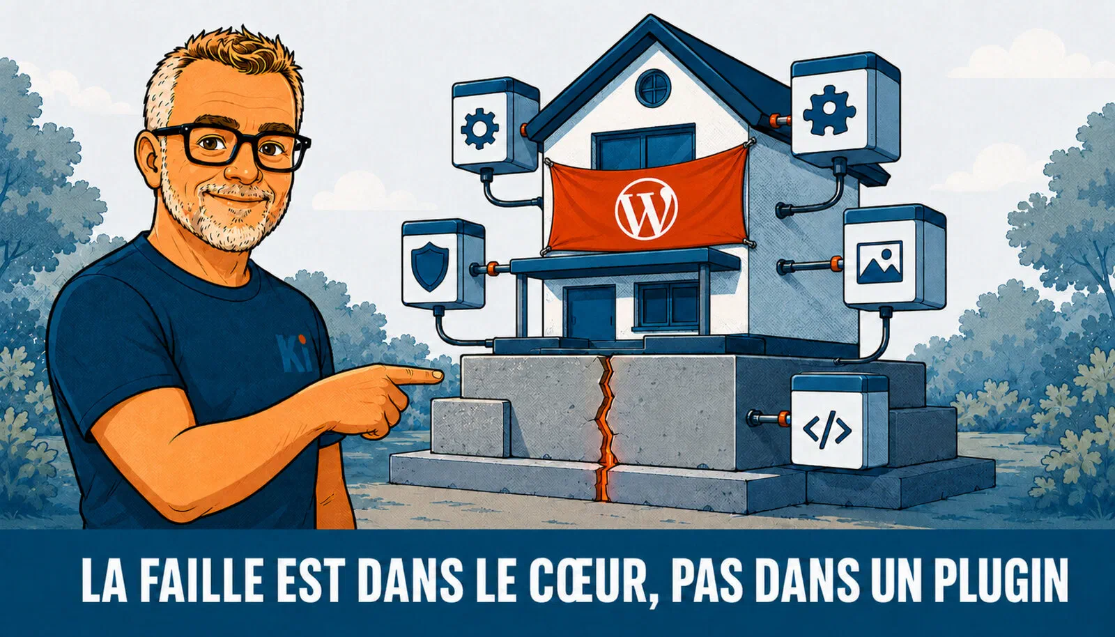 Metaphor: a WordPress site drawn as a house whose crack runs through the foundation itself, not through the modules plugged in around it — the WP2Shell flaw is in the core, not in a plugin.
