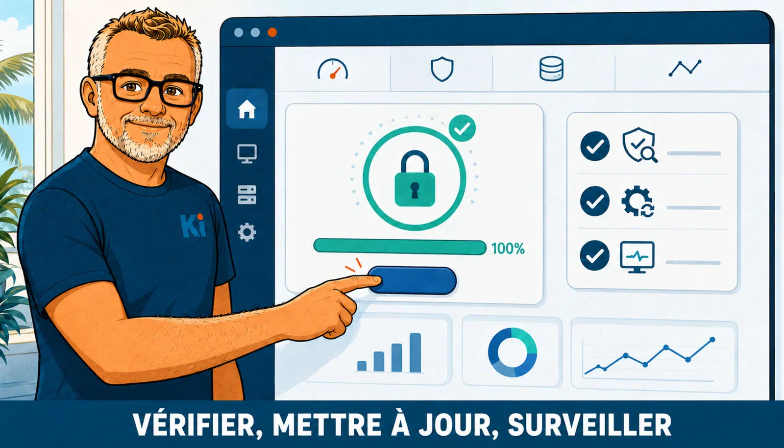 A site's security dashboard with a closed padlock, a bar at 100% and a ticked checklist: check your version, update, watch over it.