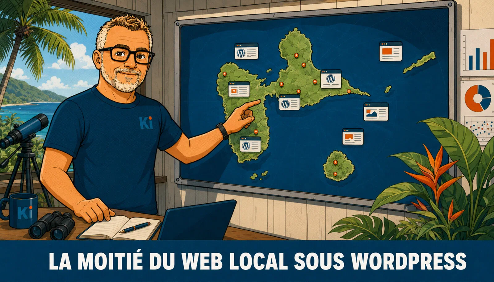 Oliver from Kimoun presents a map of Guadeloupe dotted with website thumbnails, about half of which carry a WordPress icon: half of the local web runs on WordPress.