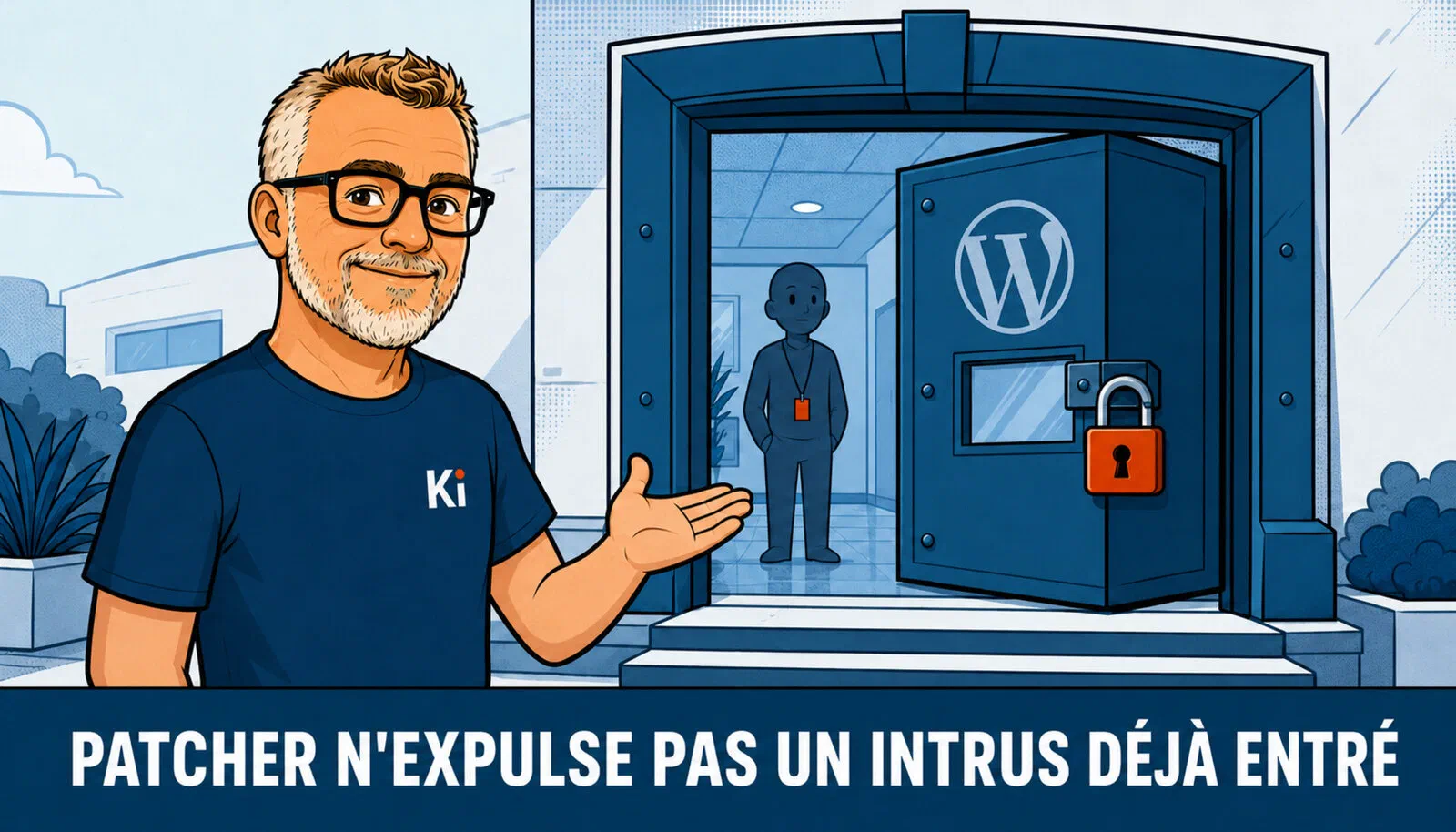 A WordPress site's door that has just been locked, while an intruder is already standing calmly inside: patching doesn't evict an intruder who already got in.