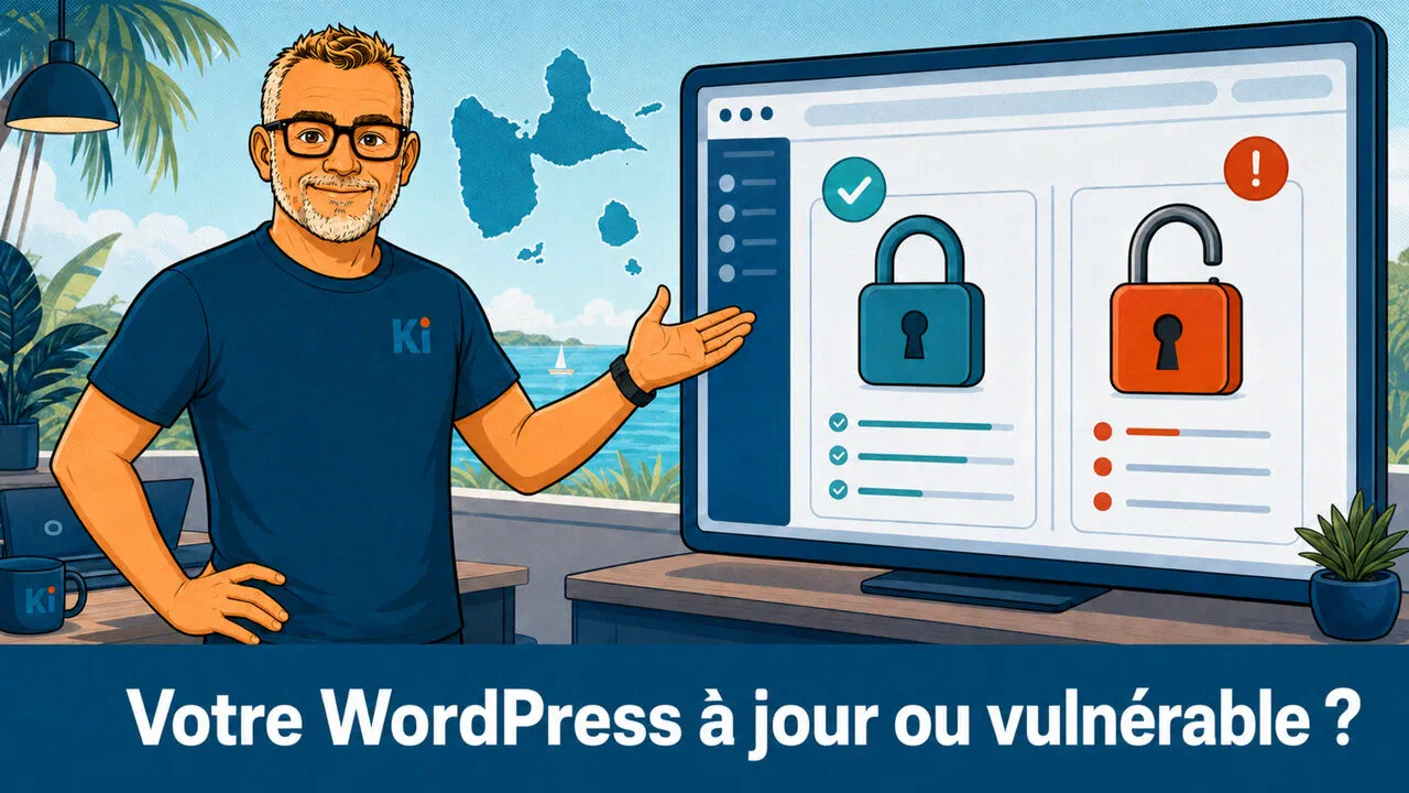 Oliver from Kimoun in front of a map of Guadeloupe and a screen showing two padlocks: one green and closed (site up to date), the other red and open (site vulnerable to WP2Shell).