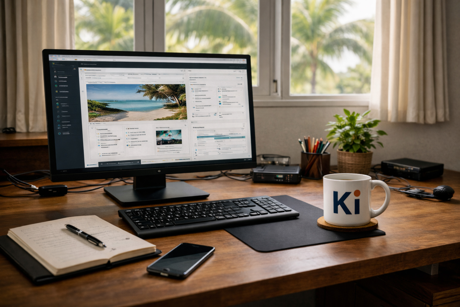 Poste de travail avec site web en cours de conception pour une activité professionnelle