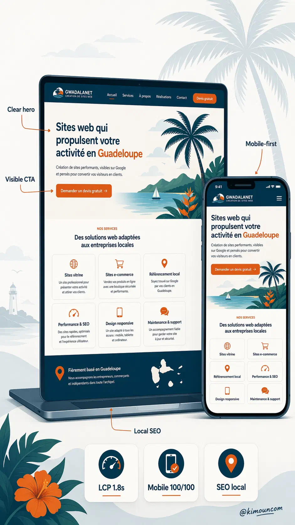 Web design in Guadeloupe by Kimoun — laptop and smartphone showing a responsive website with a clear hero, visible CTA, mobile-first layout, integrated local SEO and validated performance (LCP 1.8s, mobile 100/100)
