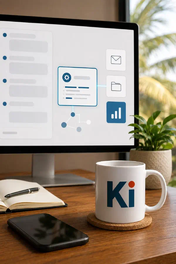 Serveur MCP sur mesure par Kimoun — écran montrant un assistant IA qui appelle un outil métier connecté (mail, documents, données), mug Kimoun au premier plan